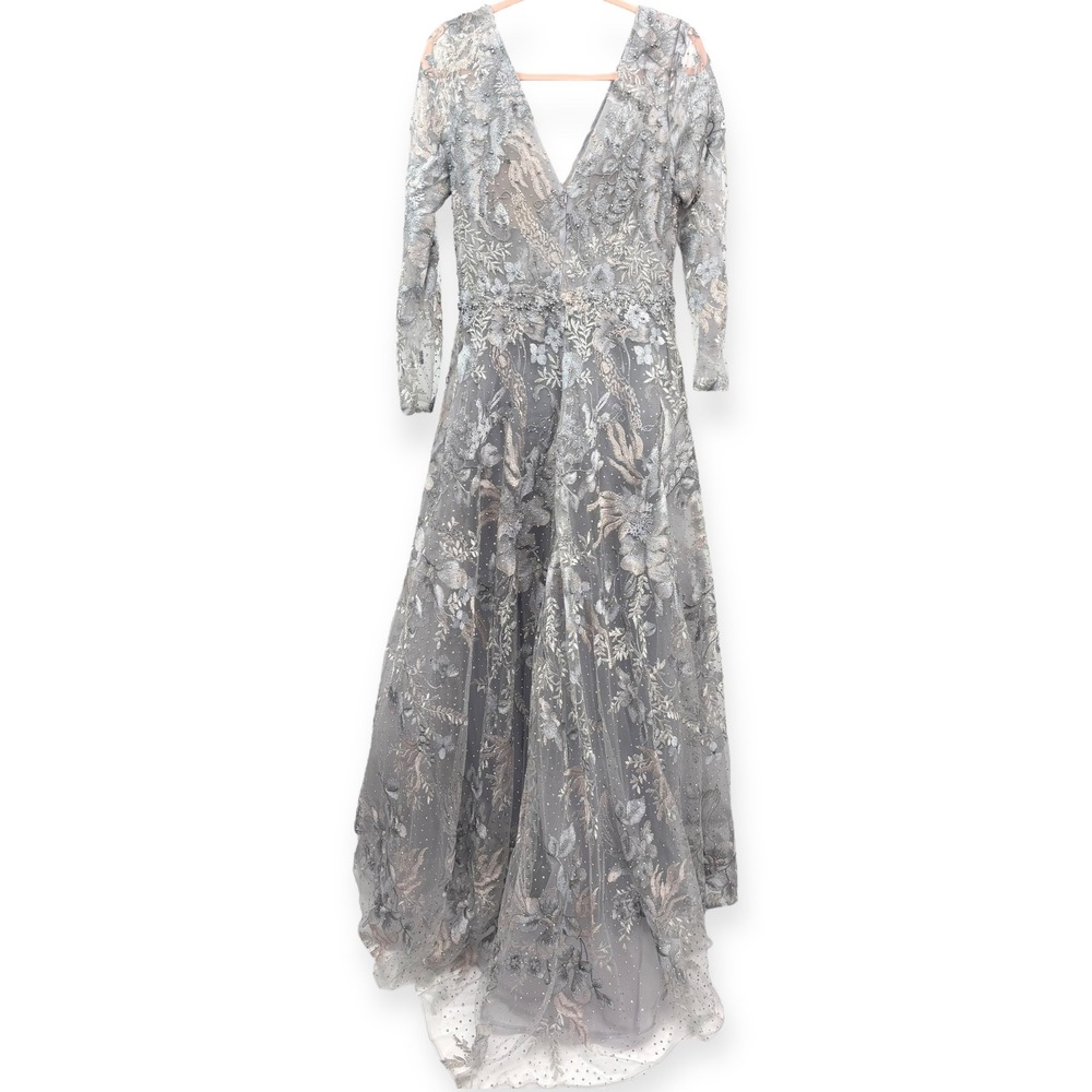 Mac Duggal NEW Gray Long Sleeve Beaded Applique Embroidered Gown $798 - Size 10‎ - Picture 9 of 14
